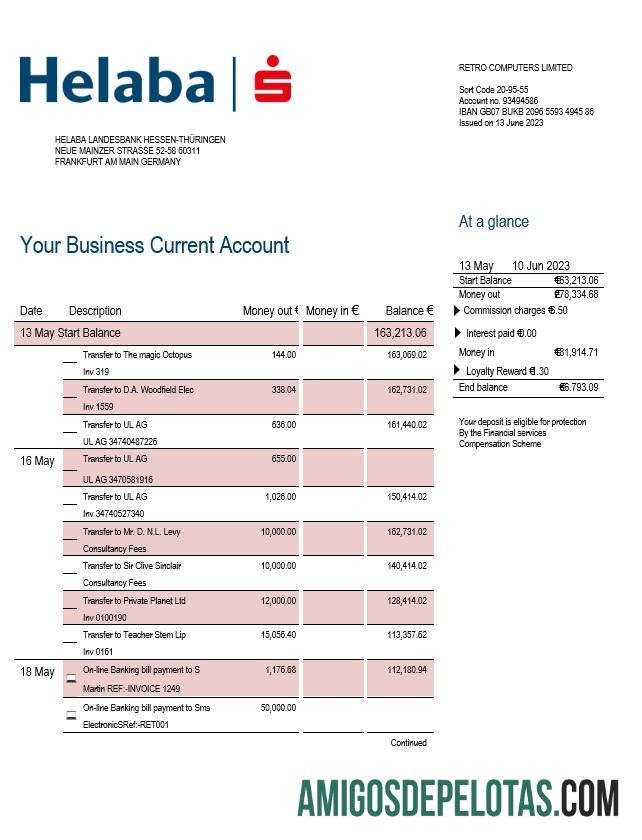 Imprimível Helaba Bank Firm modelo de extrato de conta Word e PDF